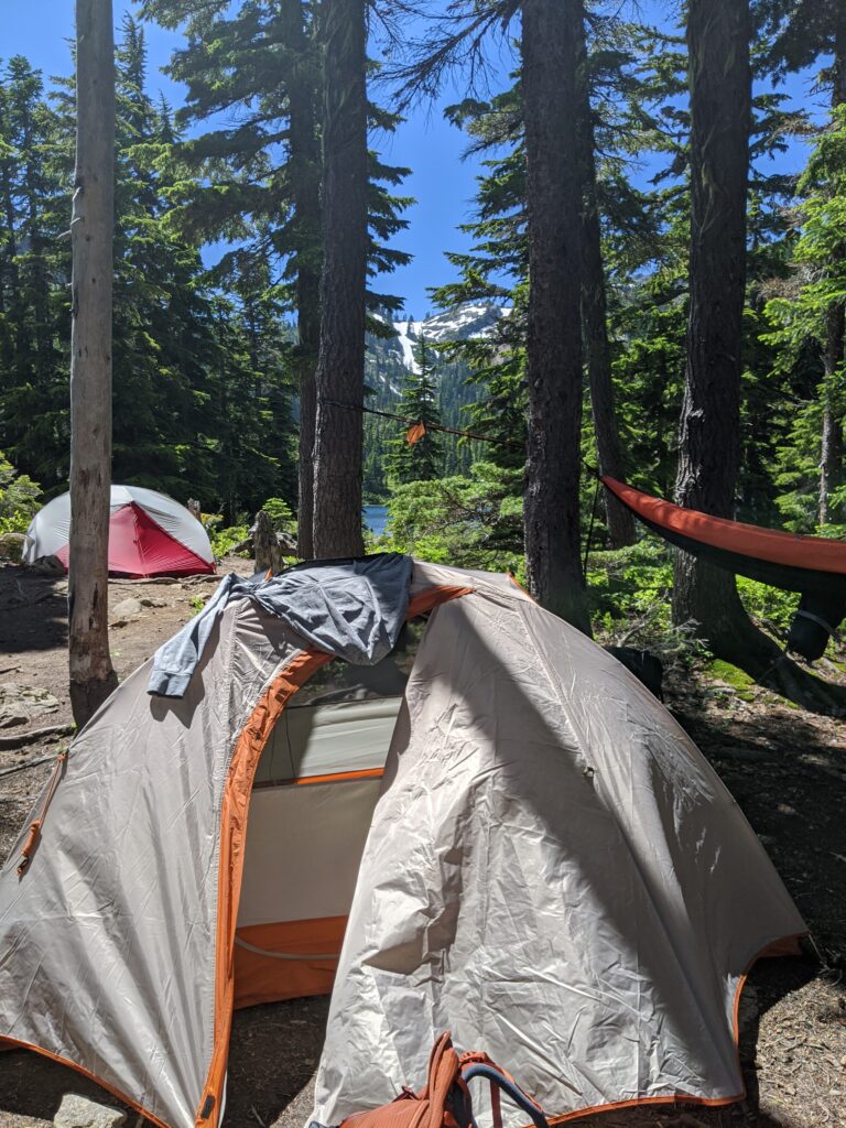 A tent with an open door sits in a forested campsite, surrounded by tall trees and glimpses of a snow-capped mountain and lake beyond.