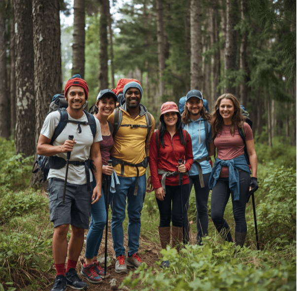 A smiling group of six backpackers posing together on a forested trail during one of the scenic guided hikes in Seattle, WA.