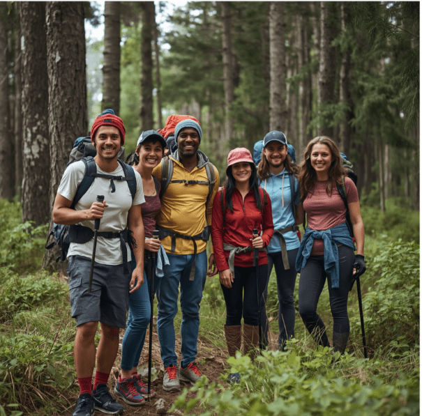 low-angle photography of a group of men and women hiking in the forest
