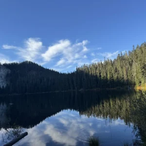 Picture of a lake with the mountains in the background and the blue sky above.
